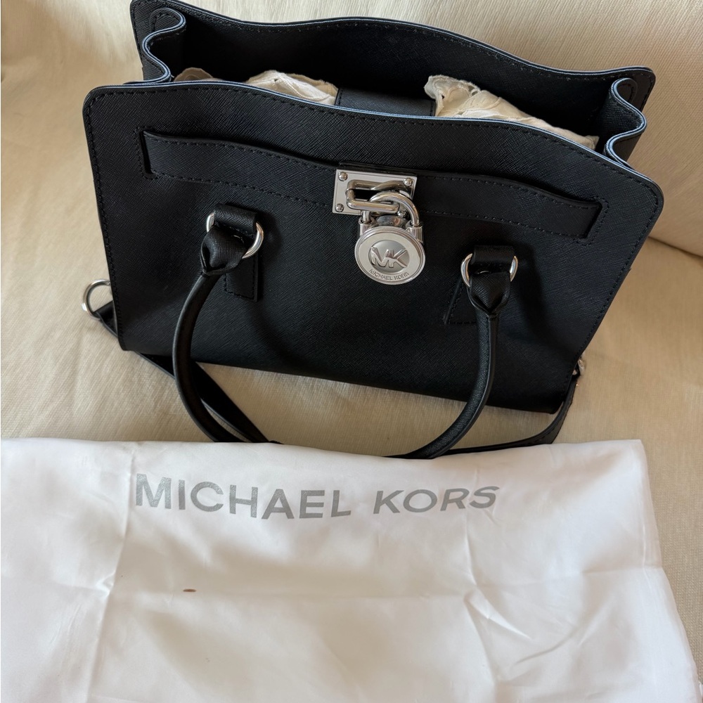 Michael Kors Black Saffiano Satchel with Silver-Tone Lock